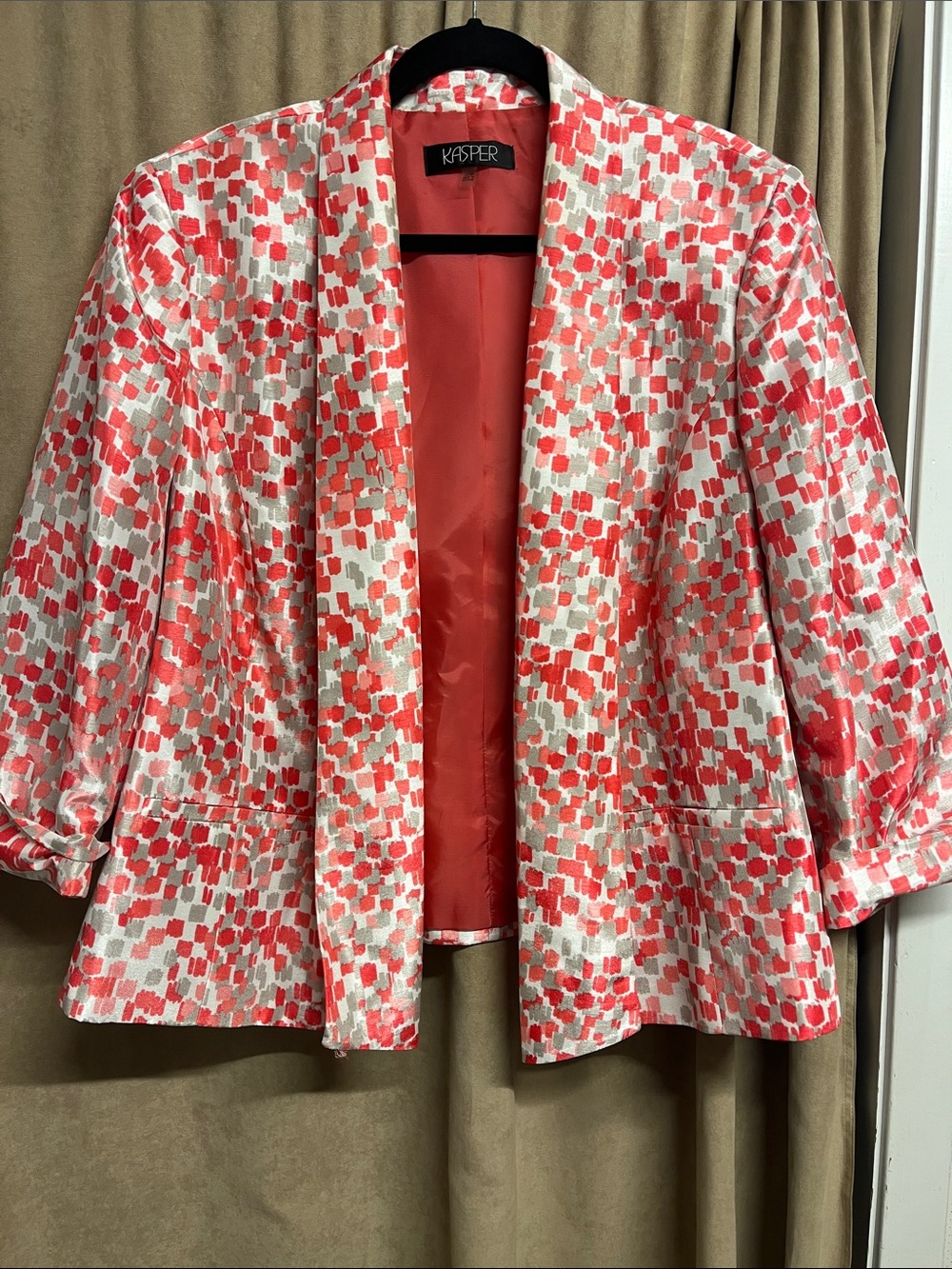Kasper Coral, White & Gray Abstract Open-Front Blazer
